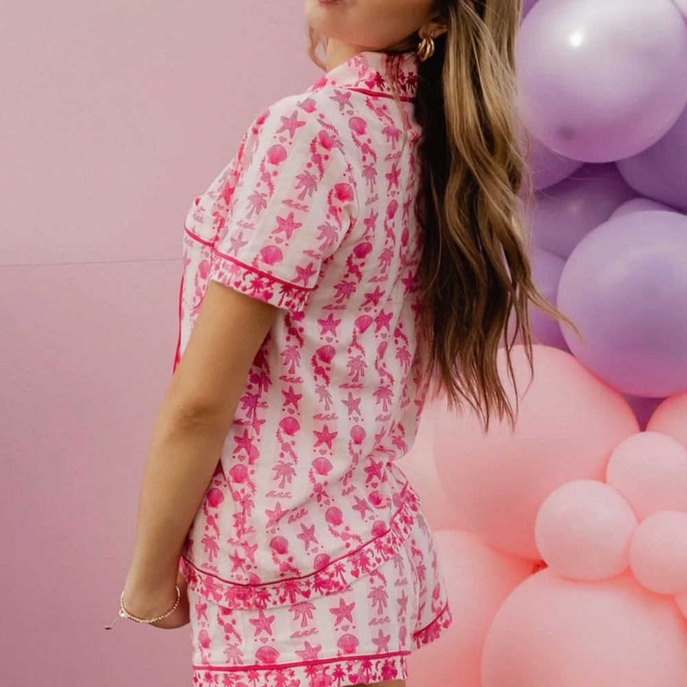 Pink Palm Puff Pajamas in Blush Bay size M